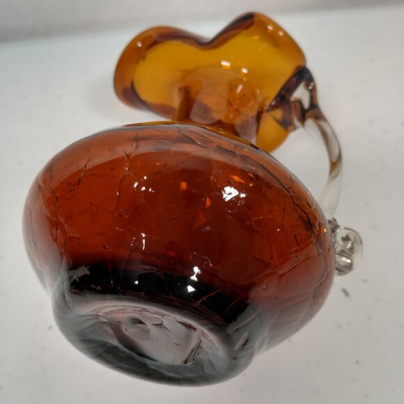 Crackle Glass Pitcher Brown Small Clear Handle Vase Collectible Art 3.75" Tall - Picture 14 of 15